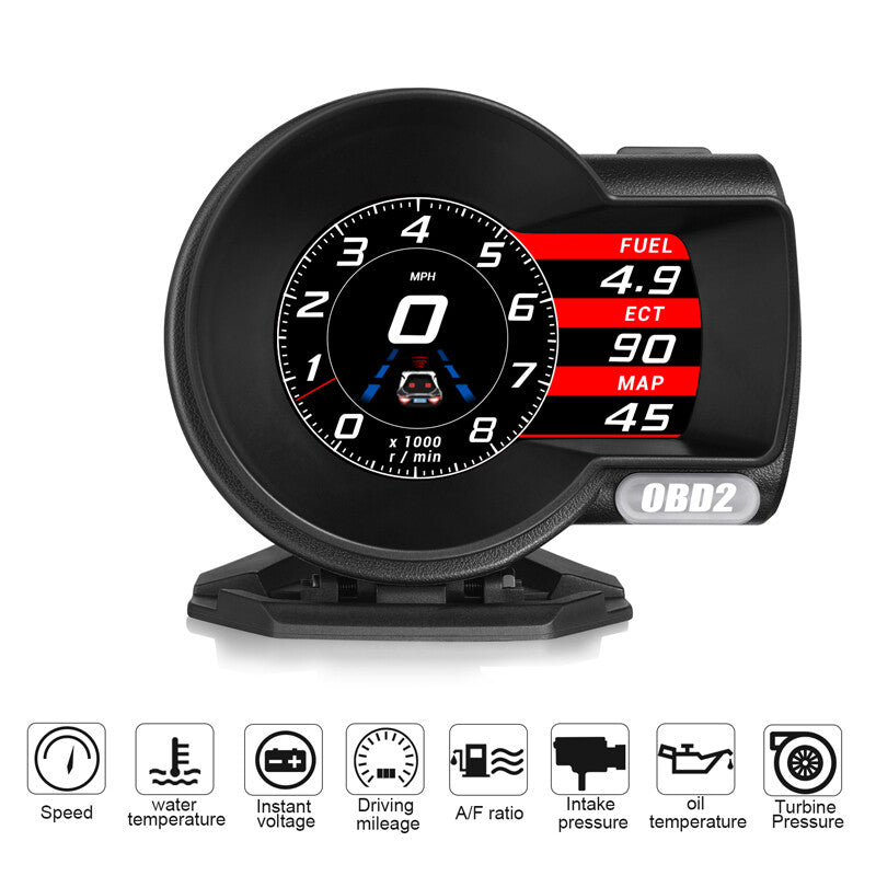 In-vehicle OBD2 multi-function instrument panel with head-up digital display of speed (RPM) and turbo pressure. n