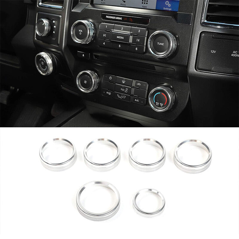 6Pcs Air Conditioner Switch CD Button Ring Knob Trim for Ford F150 XLT 15-20 Silver