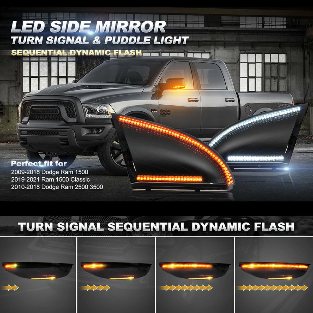 LH+RH Smoked Side Mirror Turn Signal LED Puddle Light Suitable for 09 ~ 2022 for Dodge for Ram New - v