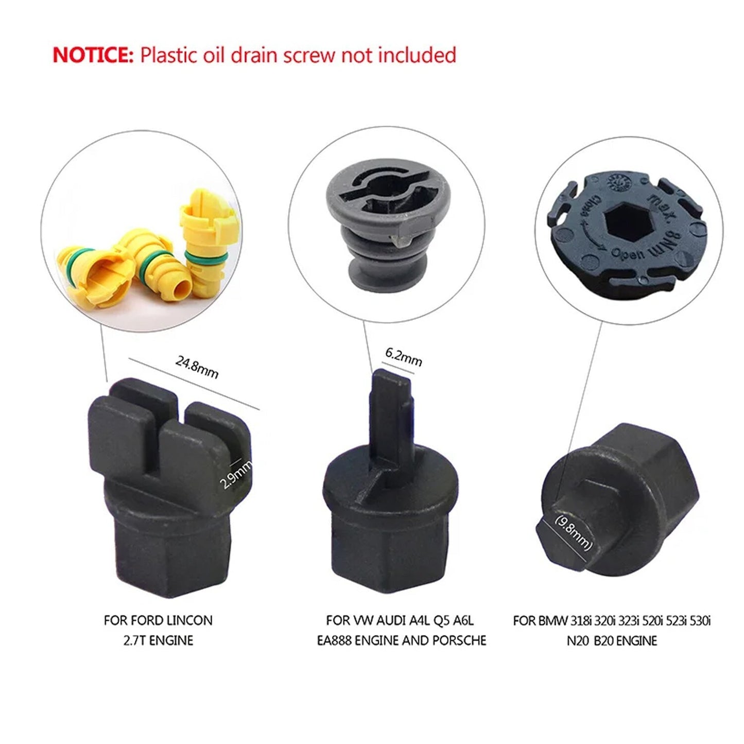4-piece wrench kit for installing plastic drain plugs and bolts