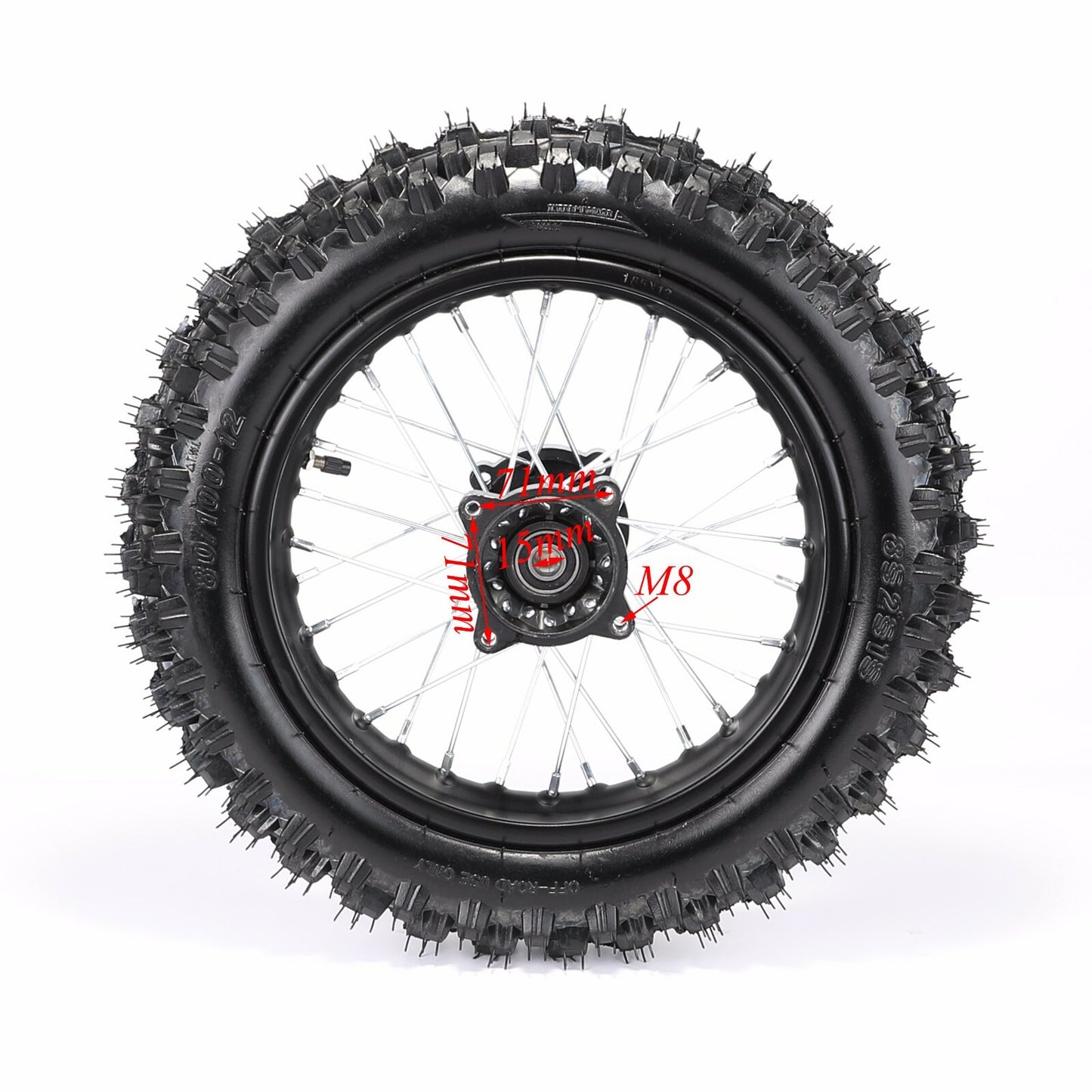 12-inch and 14-inch wheels, 60/100-14 and 80/100-12 tires, front fork, shock absorber, brake kit, CRF70