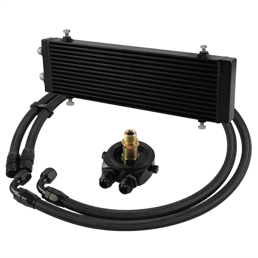 Universal Large Dual Pass Bar Plate Oil Cooler + Flat Filter Adapter Hose Kit