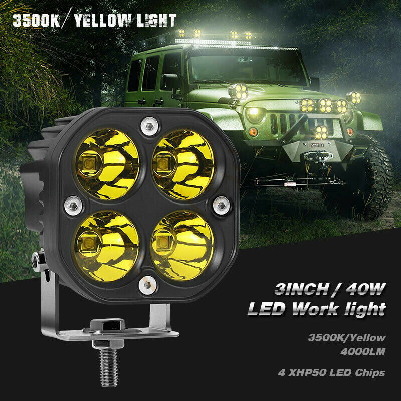 2 x 3-inch 40W yellow LED work light strips for fogging, all-terrain vehicles, 4WD, and off-road SUVs.