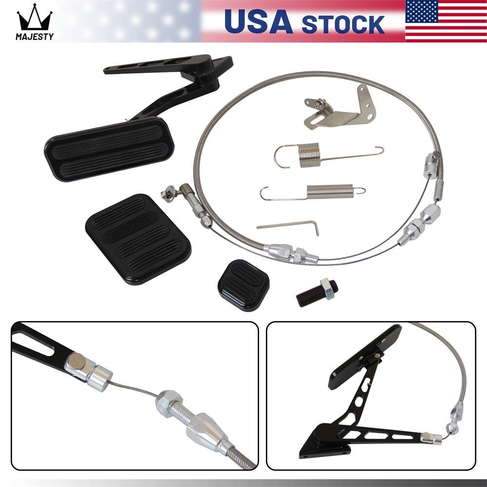 Billet Aluminum Gas Pedal+Brake Clutch Black+Throttle Cable Bracket Spring Kit