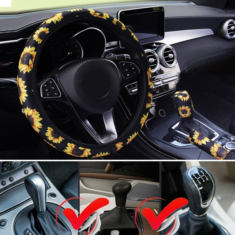3PCS Car Steering Wheel + Handbrake + Gearshift Cover Sunflower Print