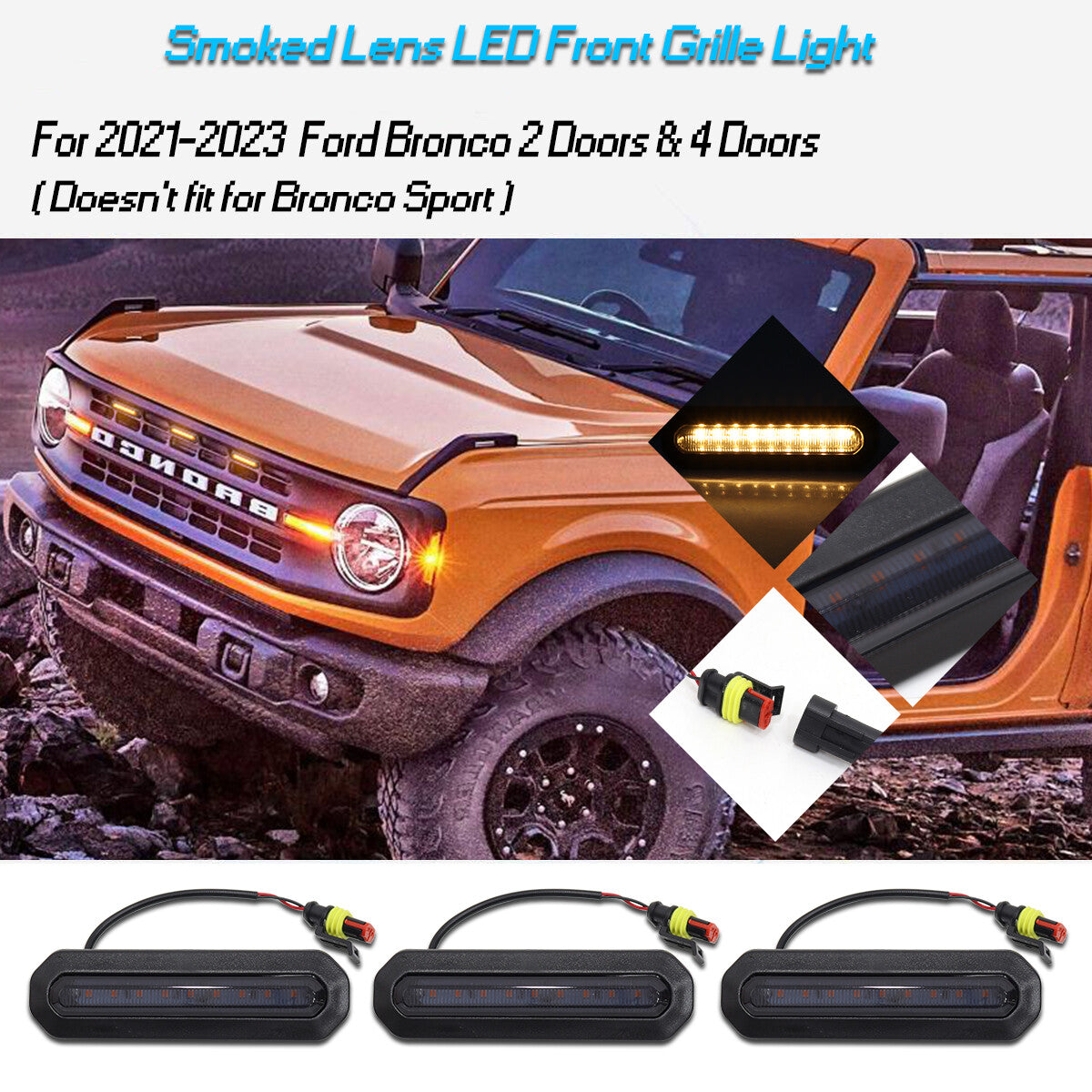 for for Mustang 21 - 23 Smoked Amber Front Grille Light LED 3 Piece Decoration - v