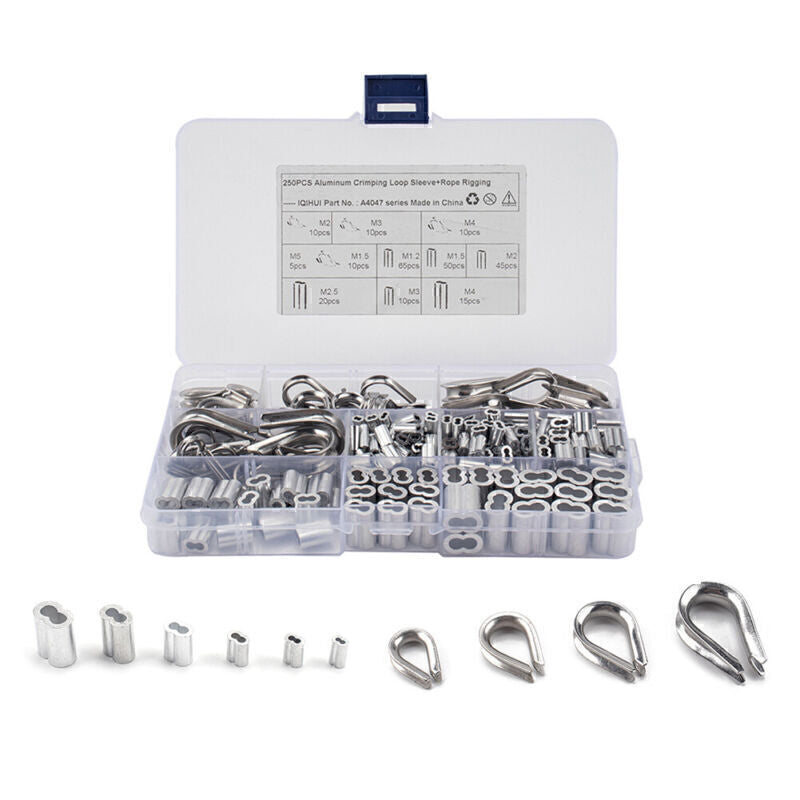250Pcs M2/3/4/5 Crimping Loop Sleeve Assortment Kit for Wire Rope Cable Thimbles