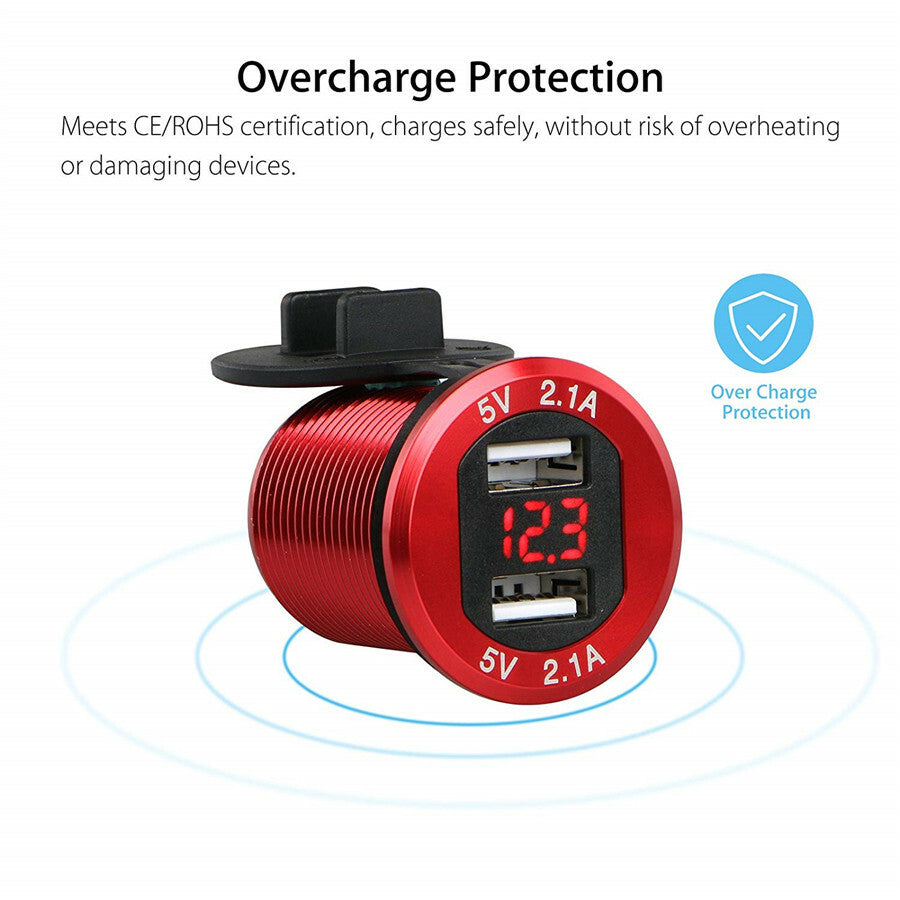 4.2A Dual USB Car Fast Charger Socket Power Outlet LED Voltmeter Waterproof 12V