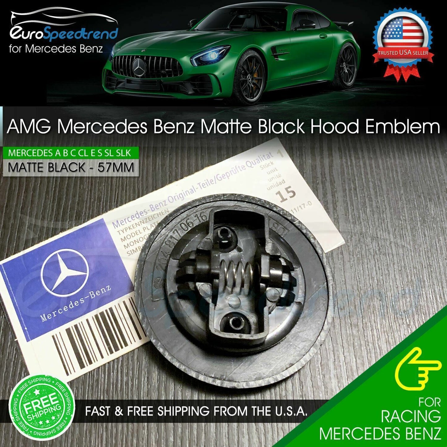 AMG front grille badge, matte black, flat laurel wreath badge, 57mm C