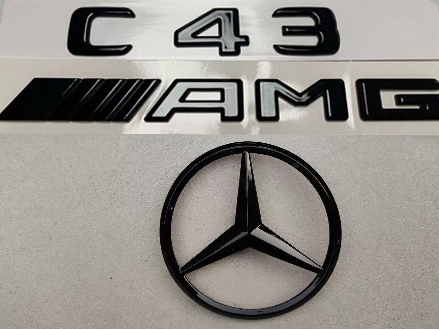 GLOSS Black Rear Star and Badge for Mercedes C-Class C43 AMG W205 2015+ Saloon!