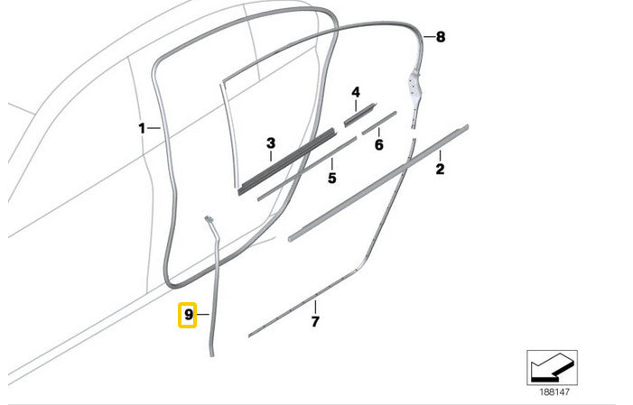 Right rear front door seal suitable for F01, F02, 740i, 740Li, 750i, 750Li, 760Li n