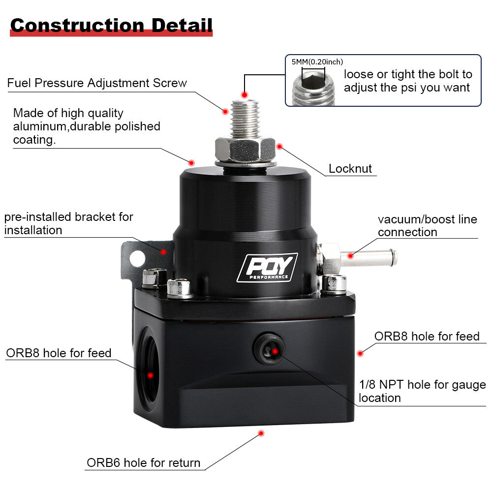 Black Adjustable EFI Fuel Pressure Regulator Bypass Gauge AN8 Feed AN6 Return