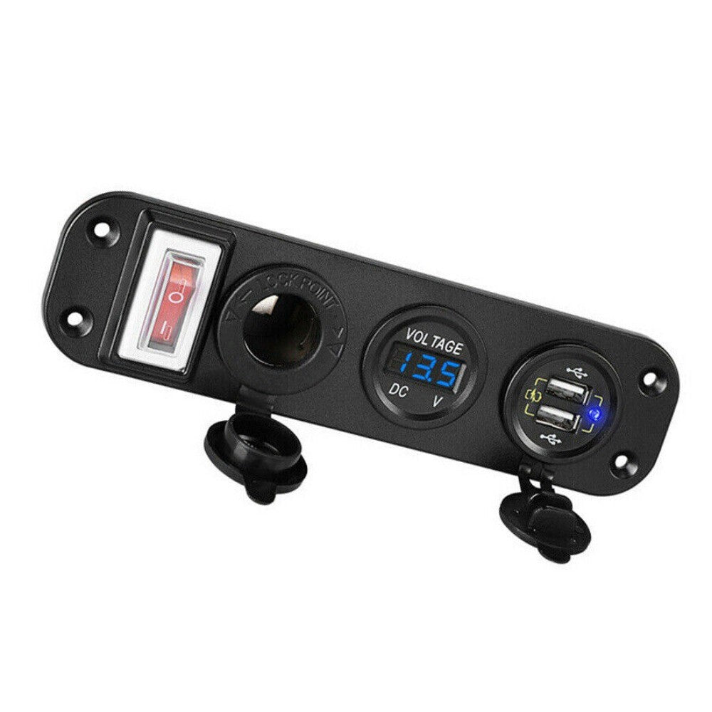 Car Dual USB Fast Charger Cigarette Lighter Blue LED Voltmeter Switch Panel New n