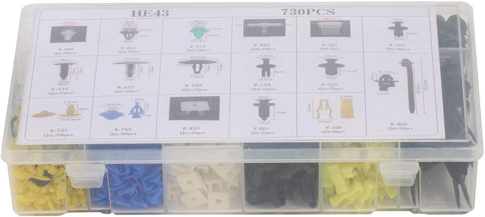730-piece anti-collision fixing clip kit for car buckles, rivets, and door trim panel clips