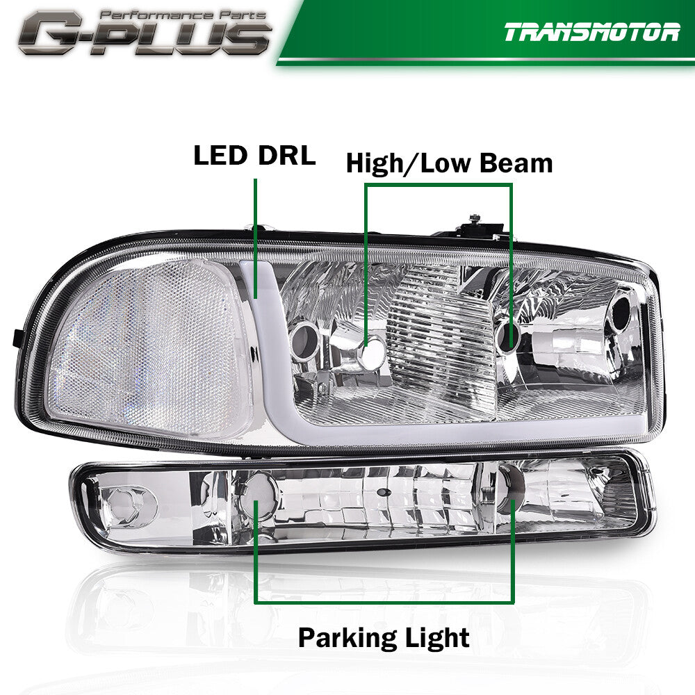 Suitable for 99-07 for GMC for Sierra / for Yukon LED DRL Clear for CHRome Headlight + Bumper Light - v
