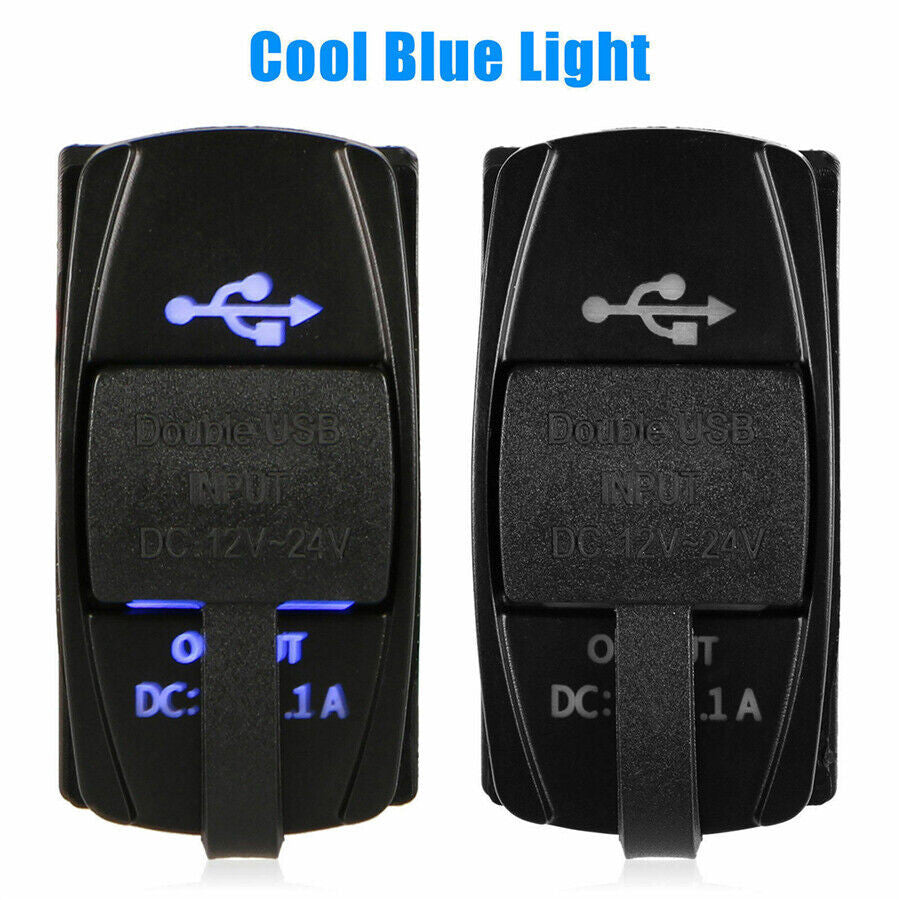 Car charger with 5V 3.1A dual USB ports, blue LED indicator, waterproof power supply.