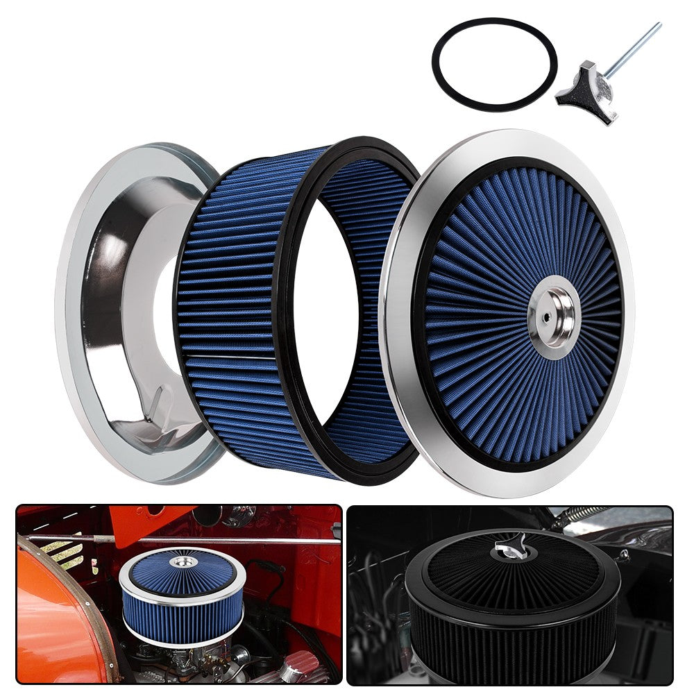 14 x 5 Blue Round Deep Dish Air Cleaner Kit + Washable Filter w/ Chrome Lid Q