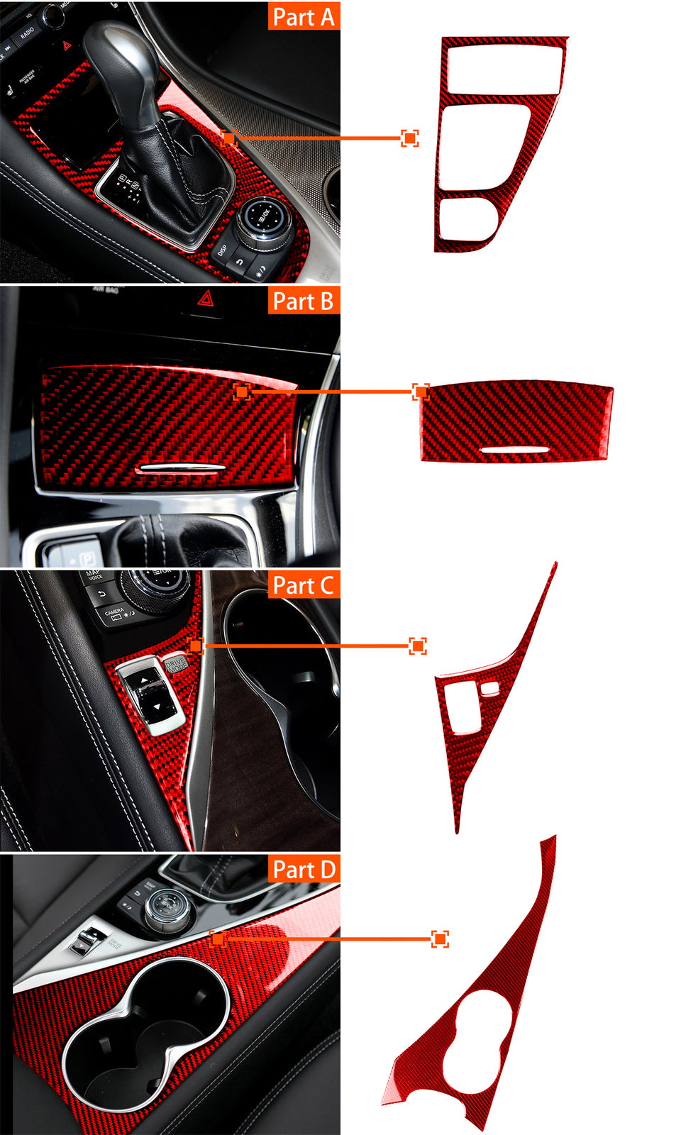 4¡ÁRed Carbon Water Cup Holder Gear Shift Panel Trim for Infiniti Q50 Q60 2014-22