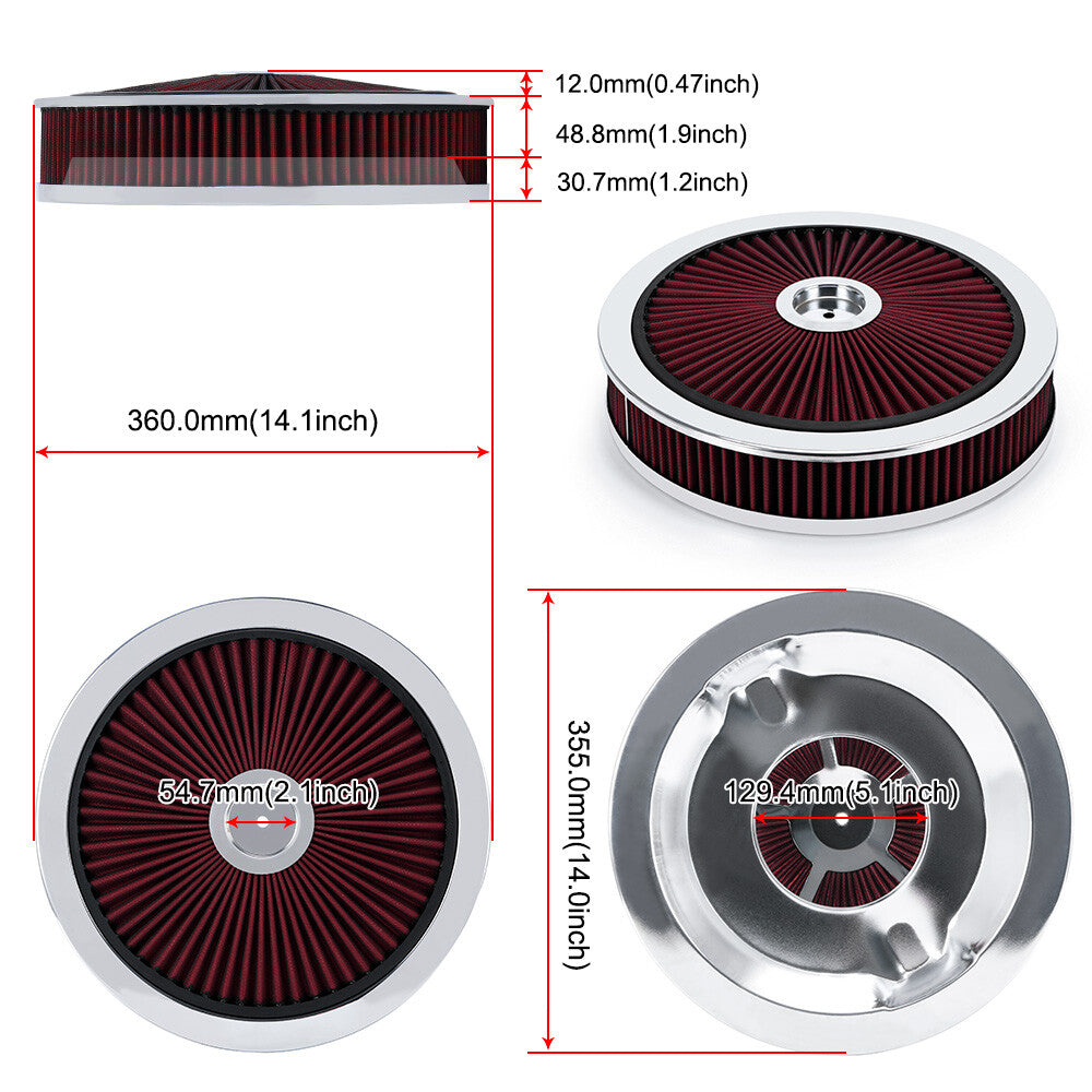 14 X 3 RED Round High Flow Thru Washable Air Cleaner Drop Base For Chevry GM
