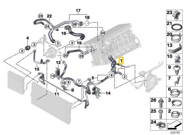 Upper radiator hose with ventilation hose suitable for F01, F02, F10, F06, F07, 535i, 640i- n