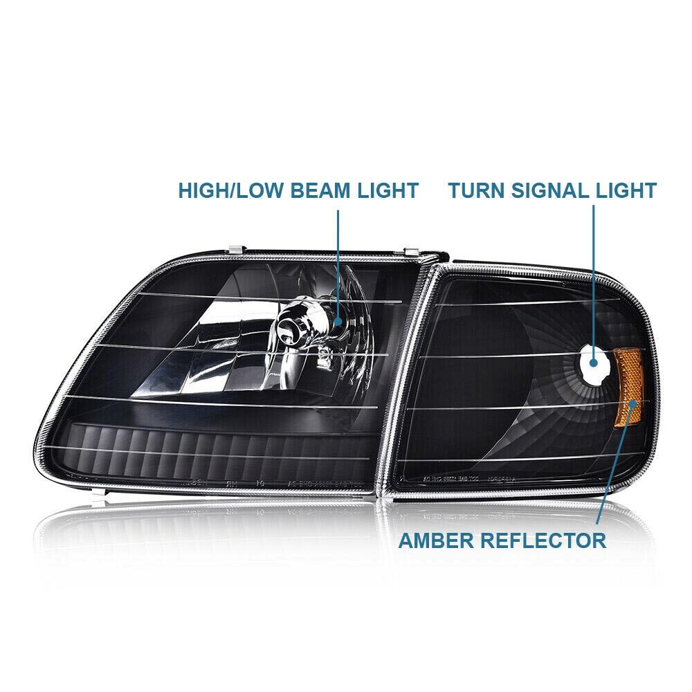 Fits for 97-03 F150 97-02 Expedition Black Housing Headlight Amber Corner - v