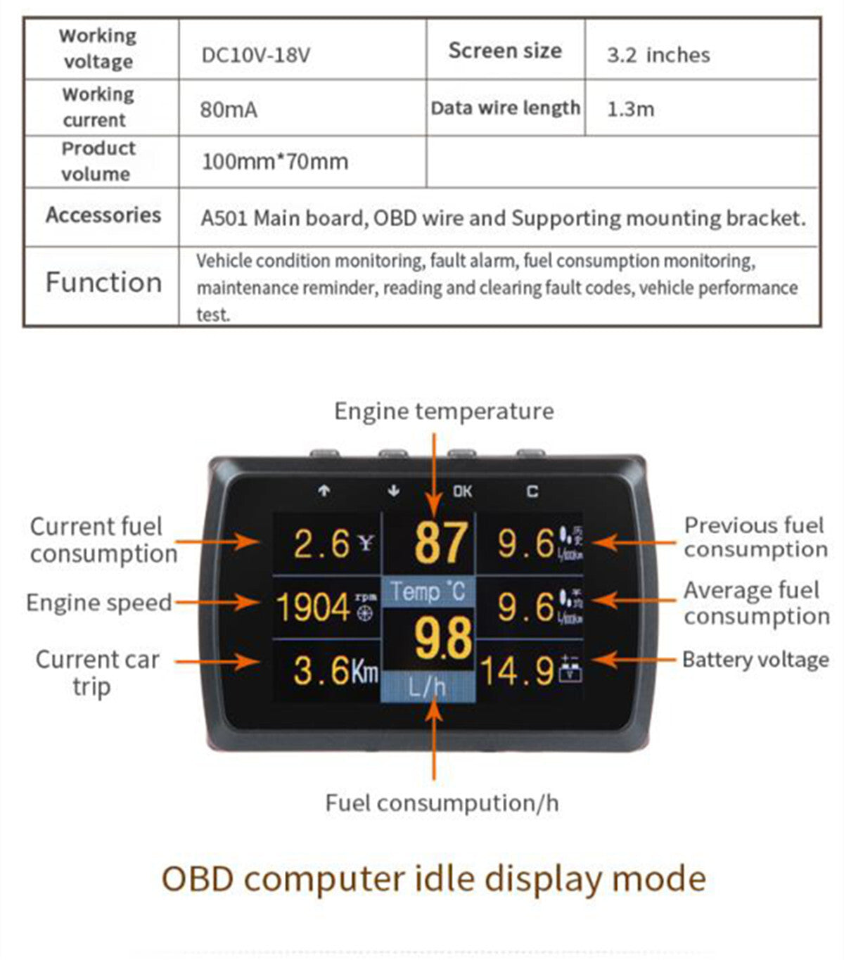 OBD2 OBD HUD Car Speedometer Digital Display Gauge Fault Code Alarm Water Temp