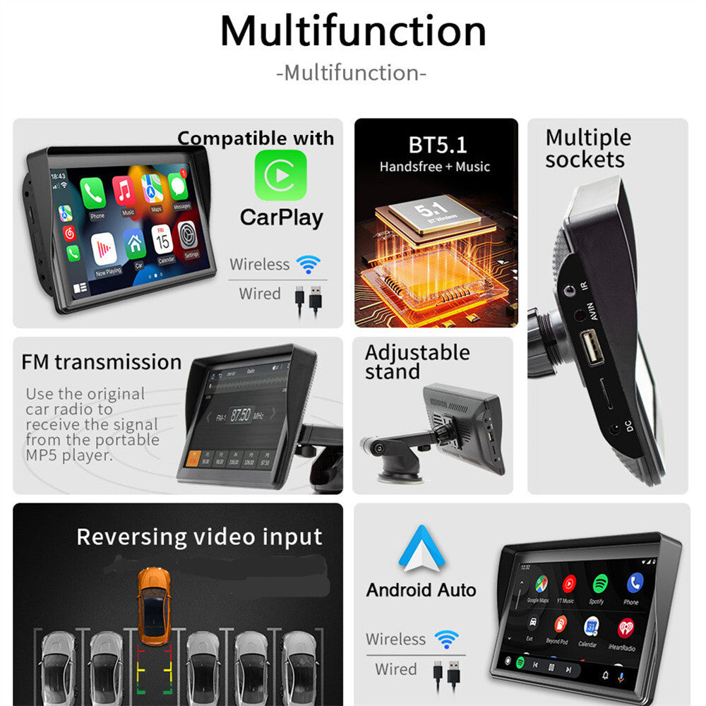 Portable 7IN Car Stereo Radio For Apple Carplay Android Auto Bluetooth Camera