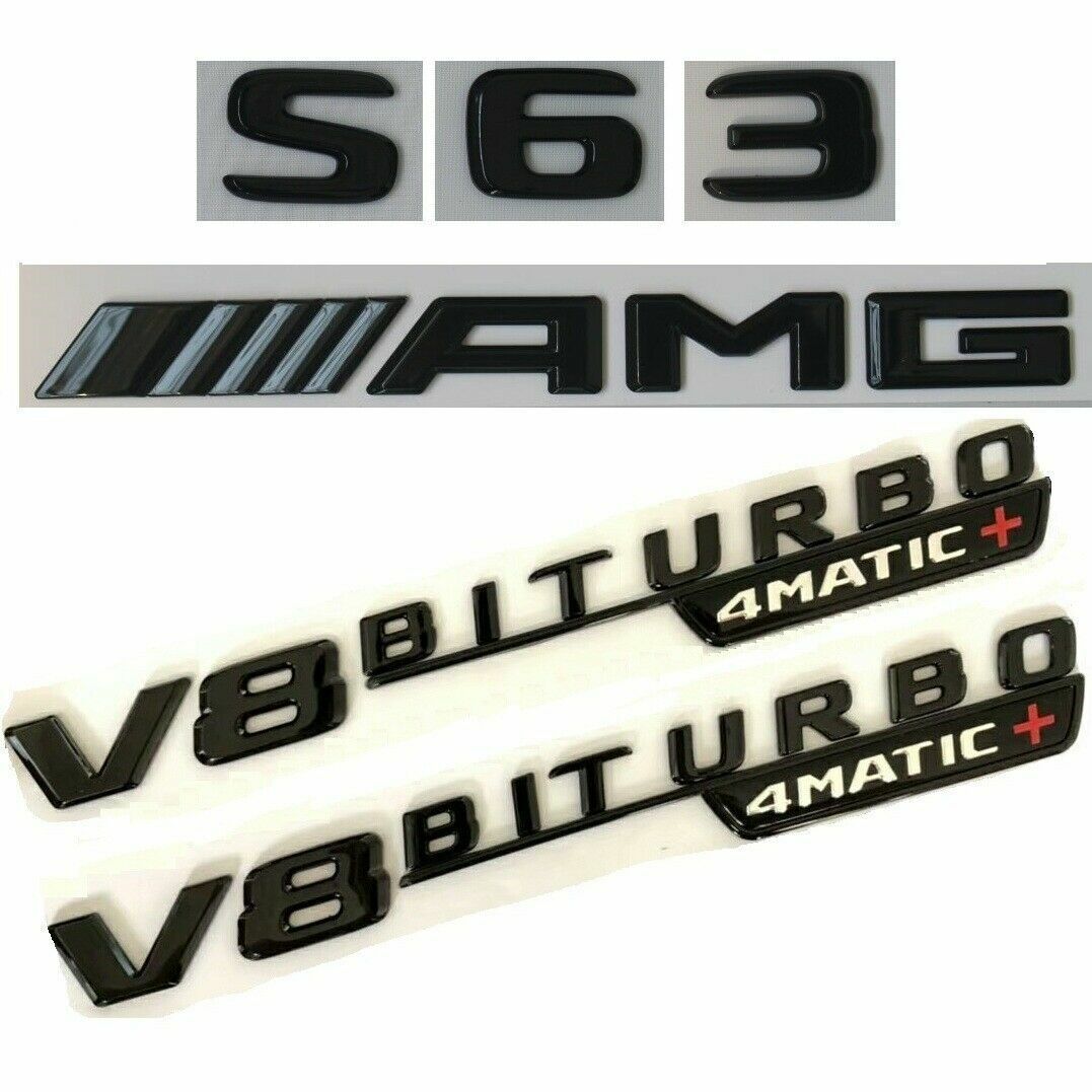 Gloss Black S63 AMG V8 BITURBO 4MATIC+ Rear Fender Badge for Mercedes-Benz