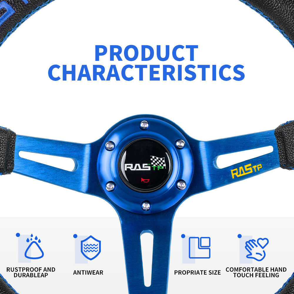 Blue 350mm Deep Dished Racing Aluminum Steering Wheel Quick Release Hub Kit