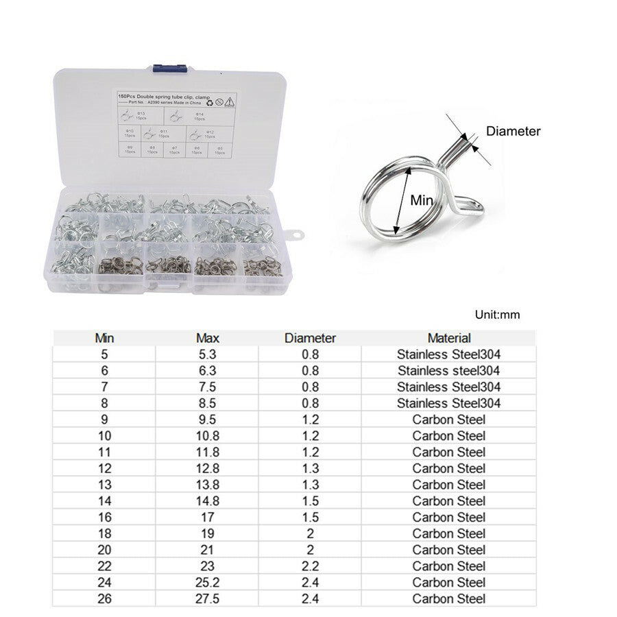 Double Wire Spring Fuel Line Hose Tube Clamp Clip Kit 150Pcs Boxed Car Fastener