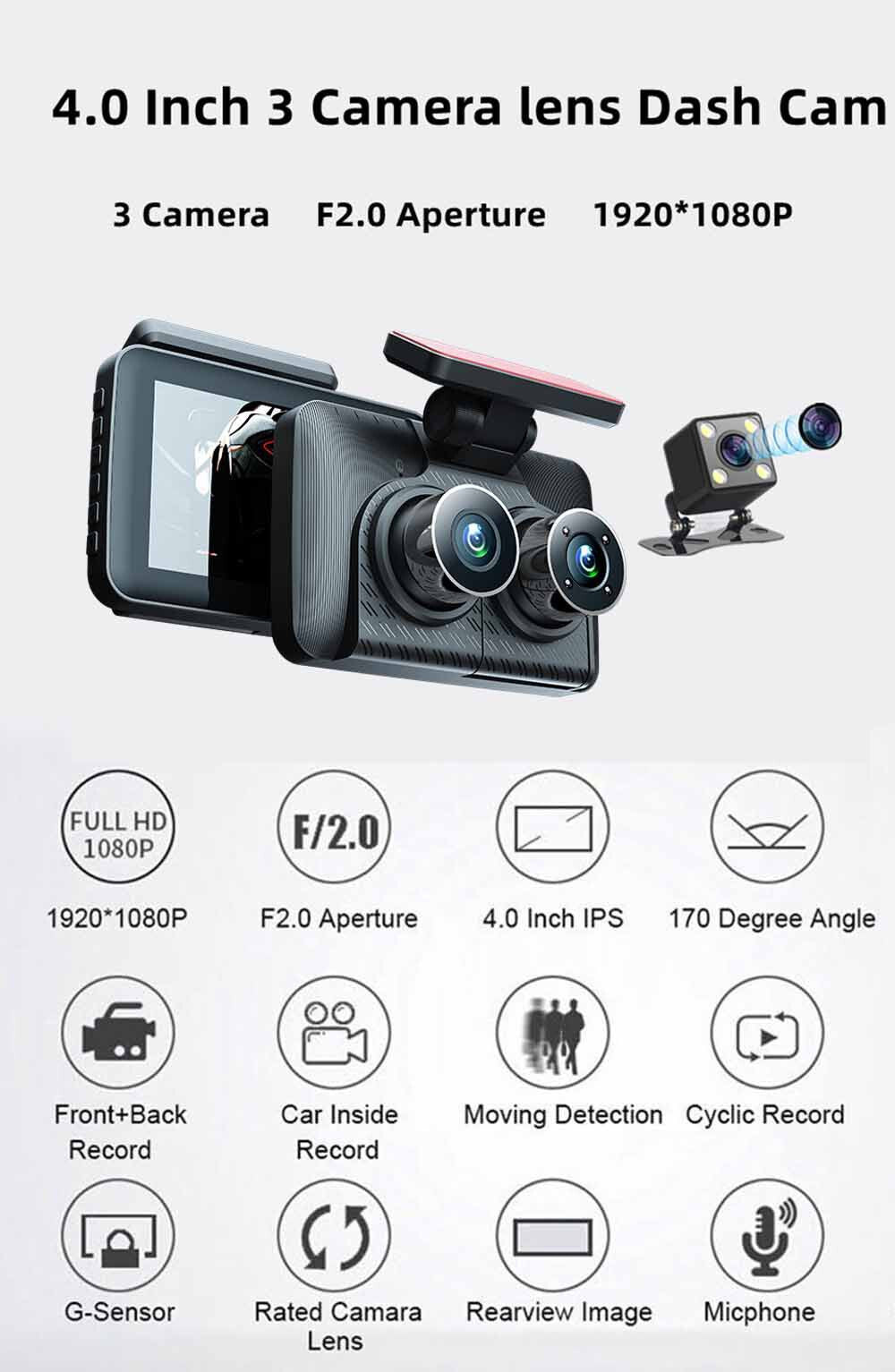 4in 3 Lens Dash Cam Car DVR Video Driving Recorder Front/Rear/Inside Cameras