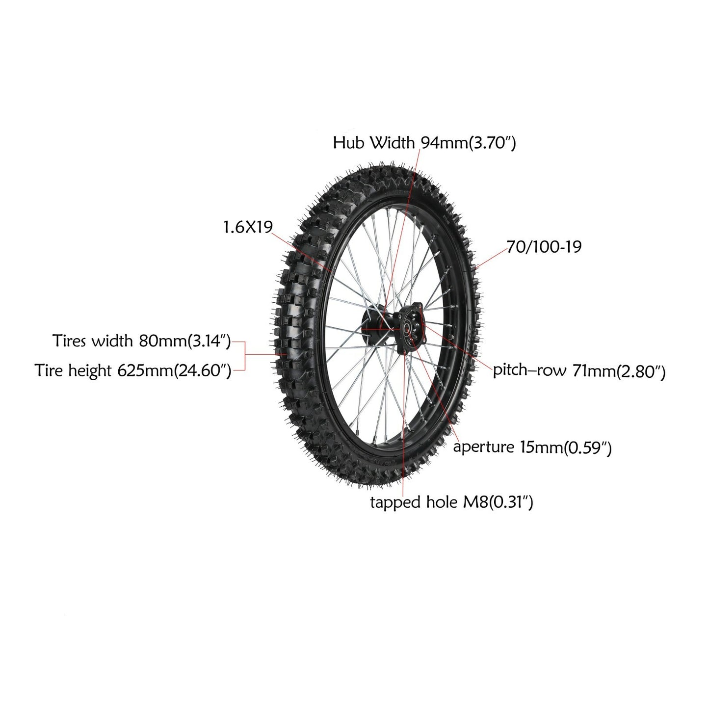 Front 70/100-19 + Rear 90/100-16 rim assembly for Dirt Pit bicycle XR100 TTR