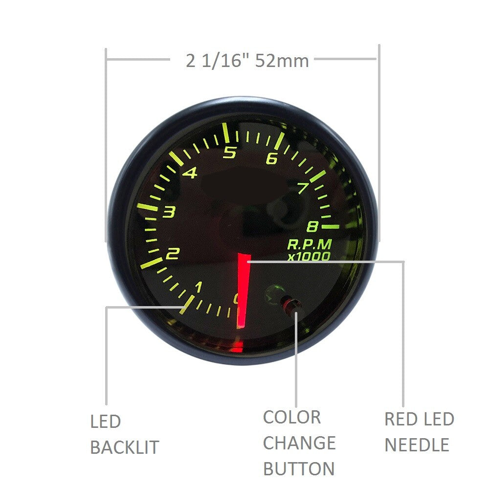 2 52mm Digital Pointer 7 Color LED 12V 0~8000 RPM Tacho Gauge Tachometer Meter