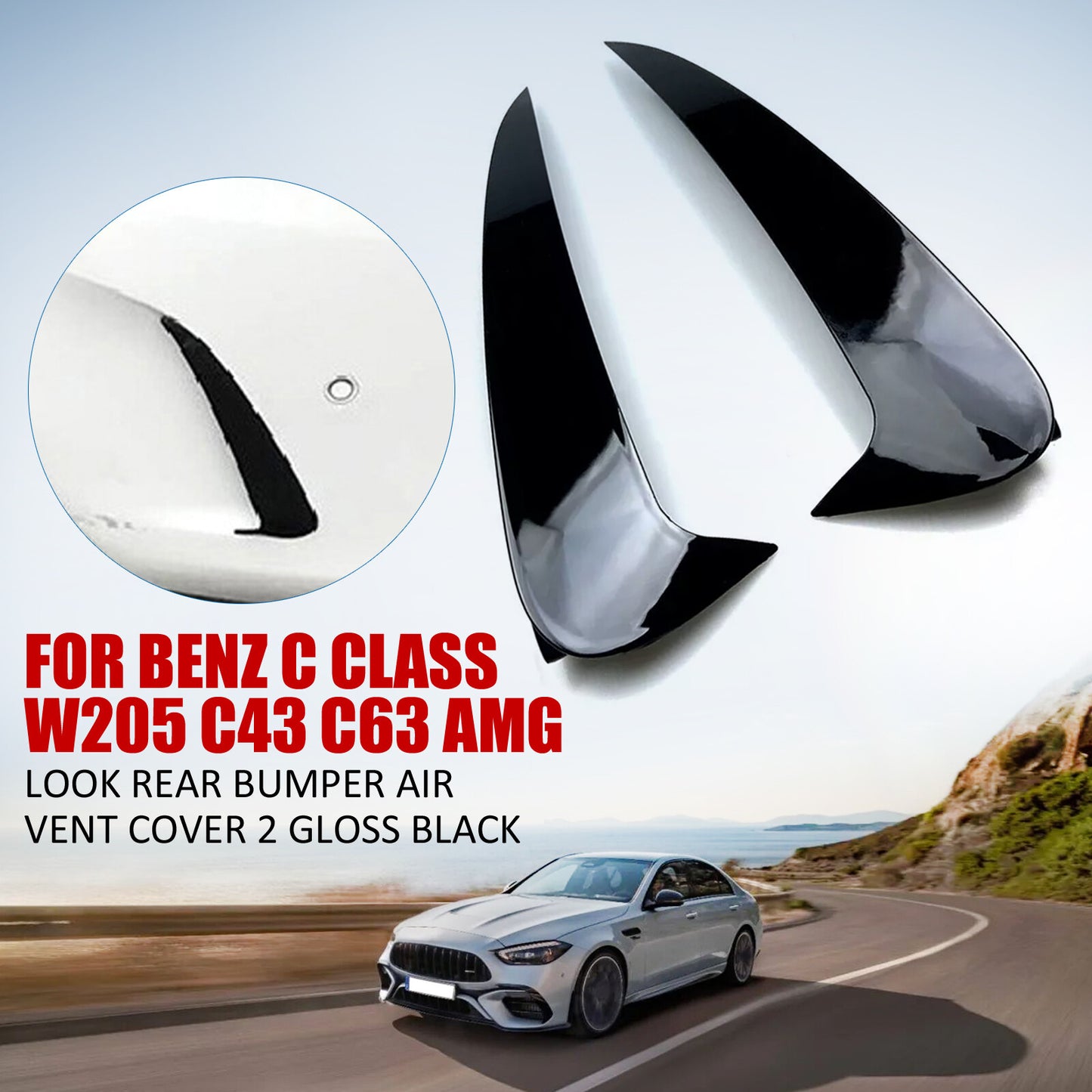 Gloss Black Rear Bumper Vent Covers for Mercedes-Benz C-Class W205 C43 C63 AMG (1 pair)