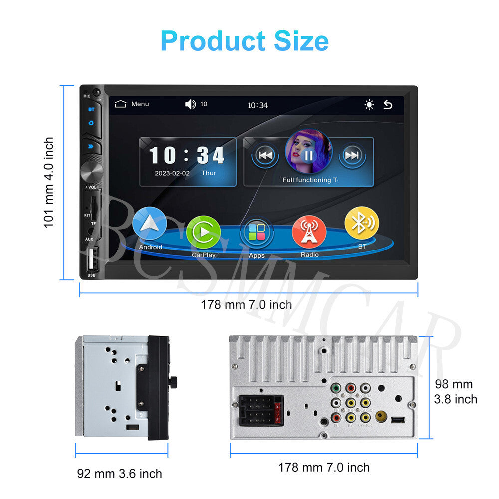 7in Double 2DIN Car Radio Bluetooth For Appple Carplay MP5 Player W/Rear Camera