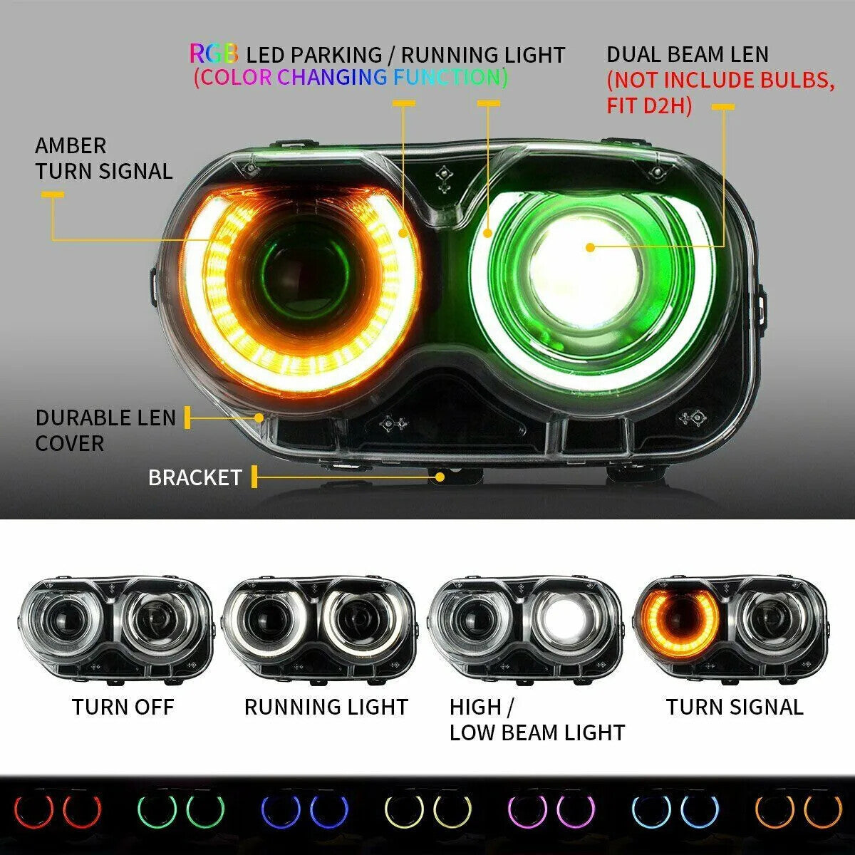 1 Dual Headlight RGB DRL Kit for 2015-2023 for Dodge for Challenger Headlights