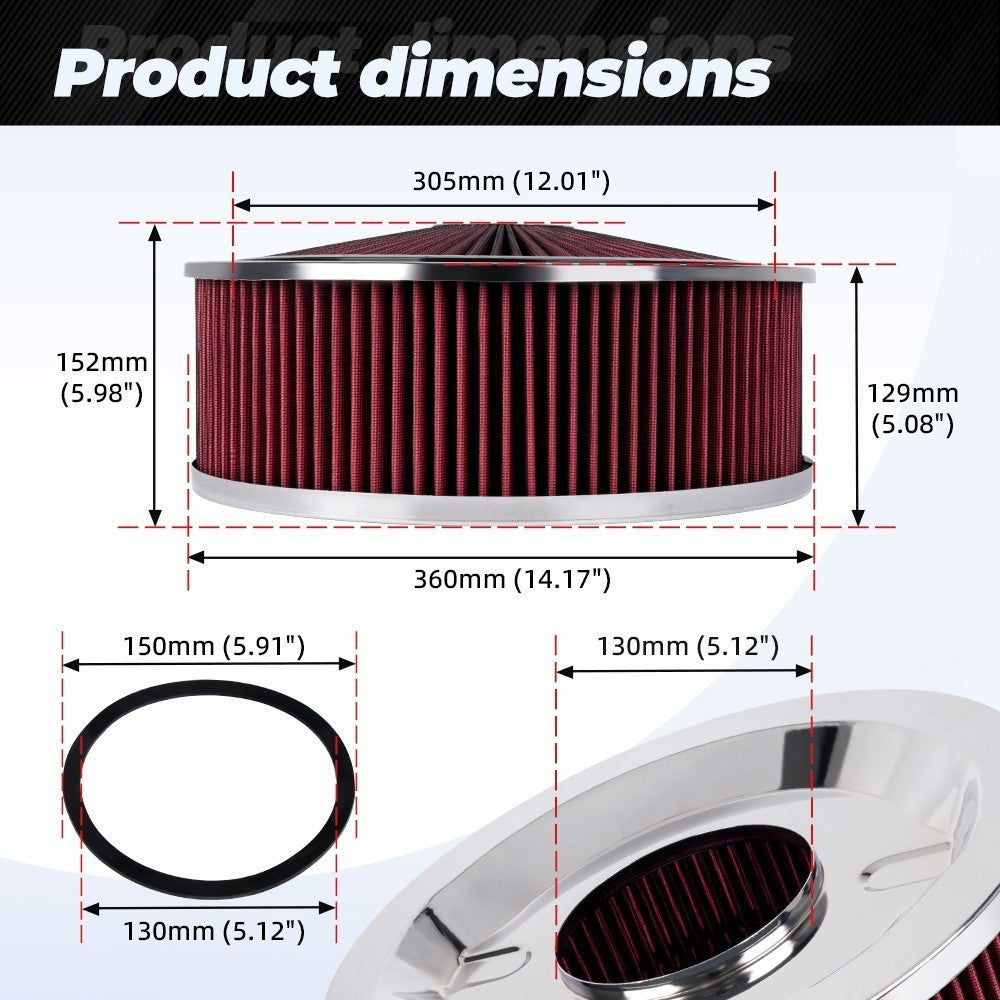 Universal 14 x 5RED Round Deep Dish Air Cleaner Kit+Washable Filter+Chrome Lid Q