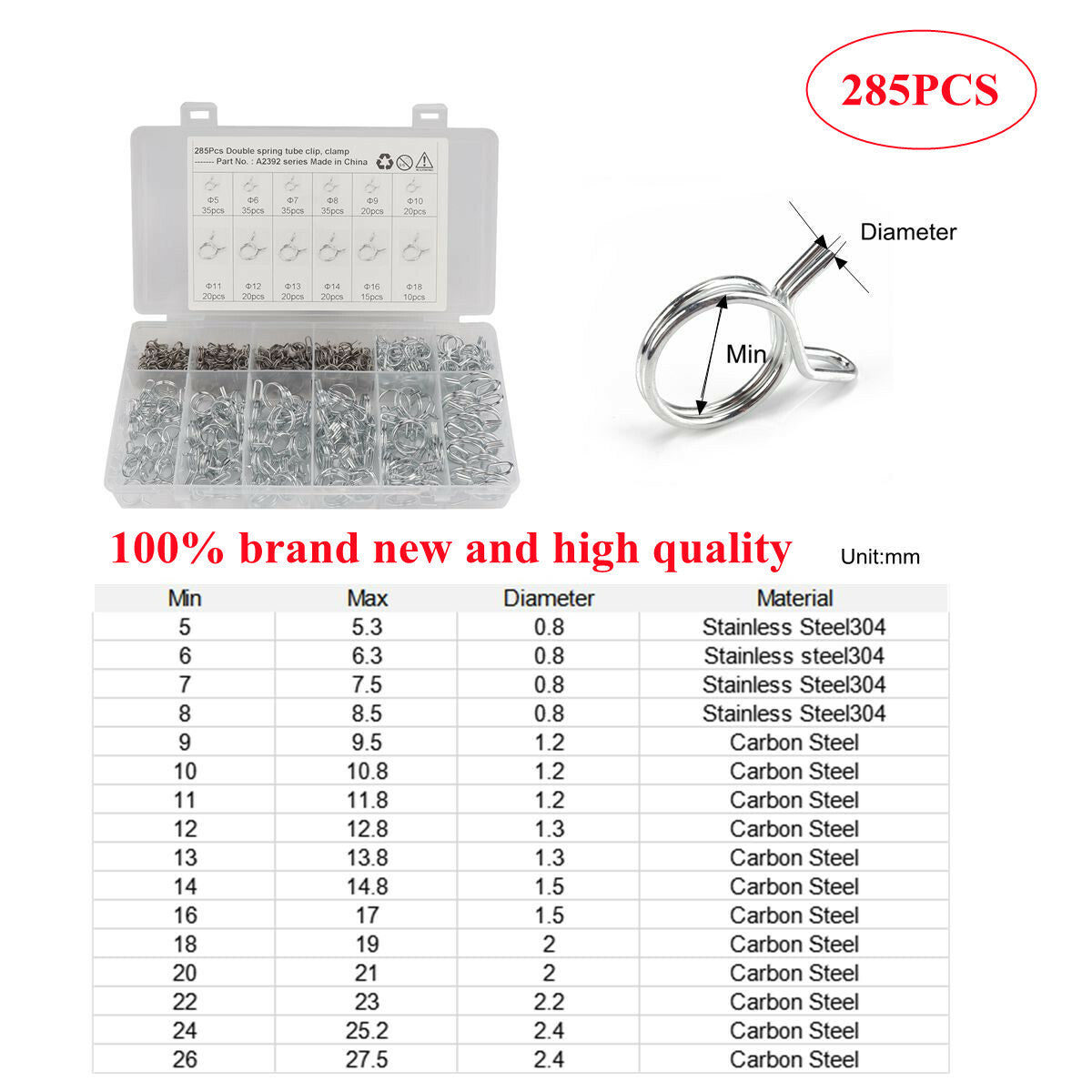 285-piece dual-line fuel line hose clamp and spring clip sorting kit for automotive use.