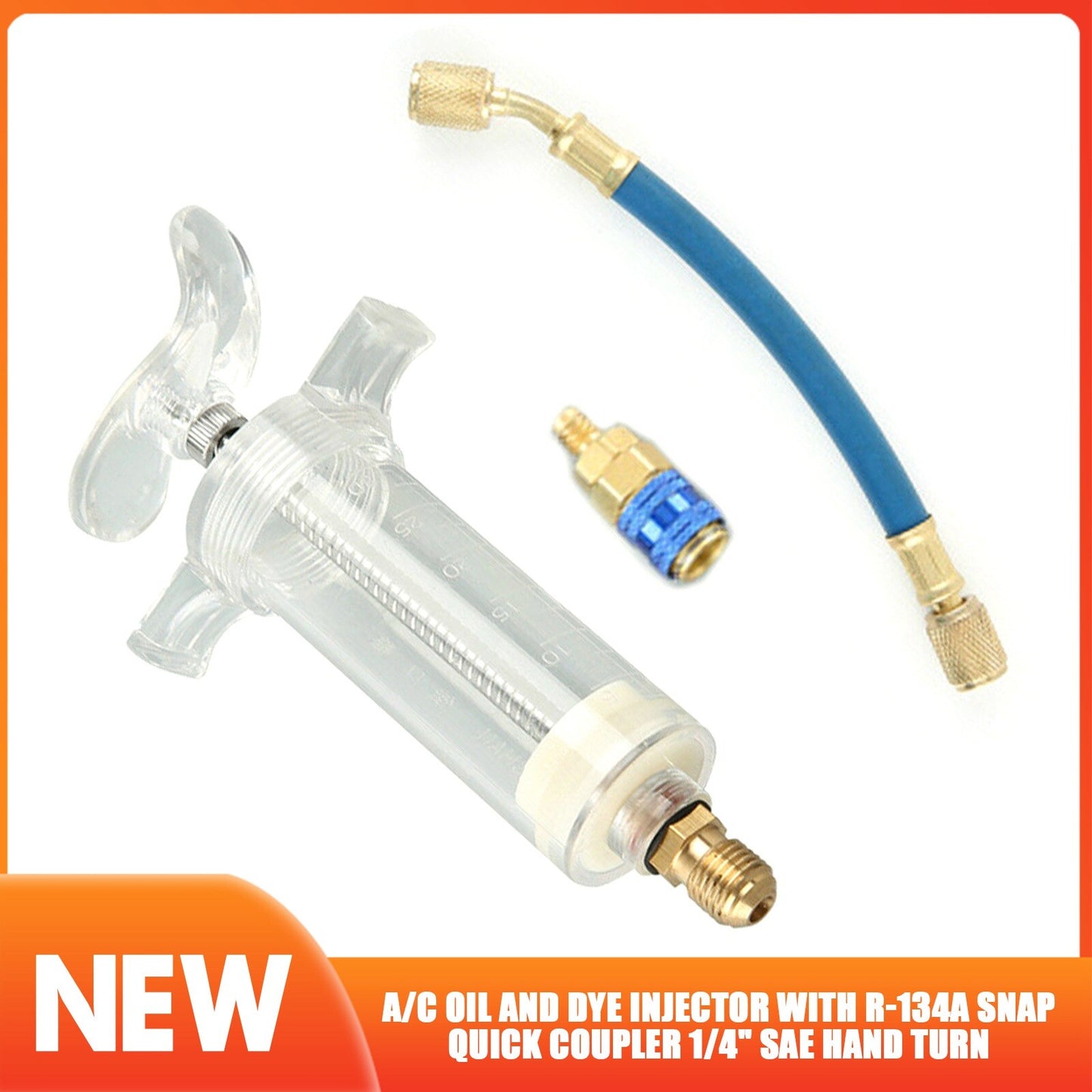 Air conditioning AC oil and dye injector with R-134a Snap quick coupling 1/4 SAE manual transfer Q