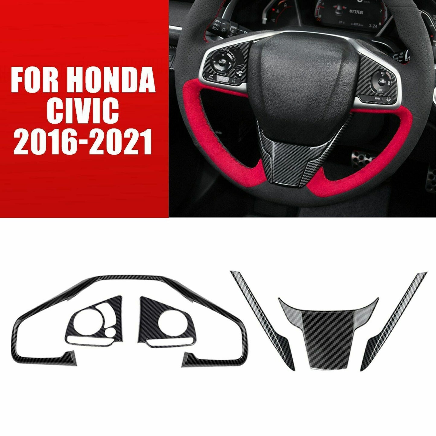 Carbon Fiber Interior Steering Wheel Frame Cover Trim fit for Honda for Civic 16-21 AT