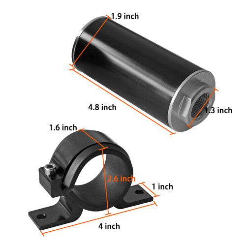 100-micron cleanable straight-through fuel filter holder for 6AN, 8AN, 10AN, and 50mm adapters.