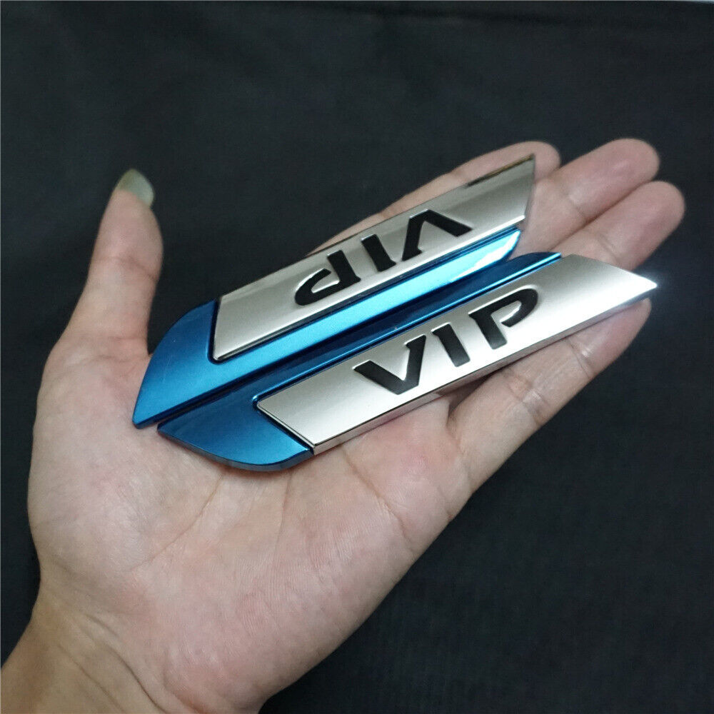 Pair Blue Chrome + 2x Silver VIP Metal Emblem Decal Sticker Badge Car Engine 4x4