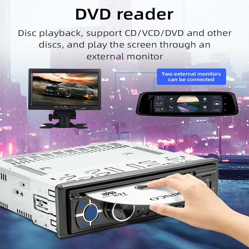 Car 1-DIN SUV Stereo CD/DVD Player with Bluetooth FM/RDS/AM Radio, App, MP3, and USB.