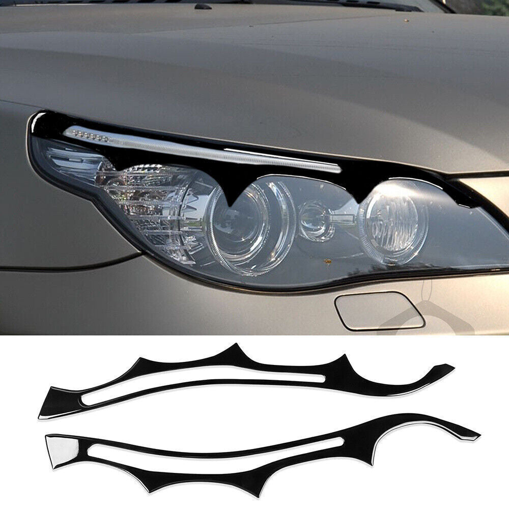 2X Black Gloss Front Headlight Eyelid Eyebrow Cover for BMW 5 Series E60 2004-10