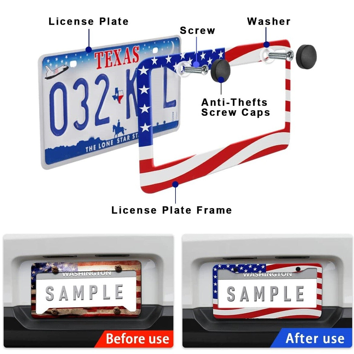 2pcs for GMC Accessories US Flag Patriotic Truck Van License Plate Frame Cover