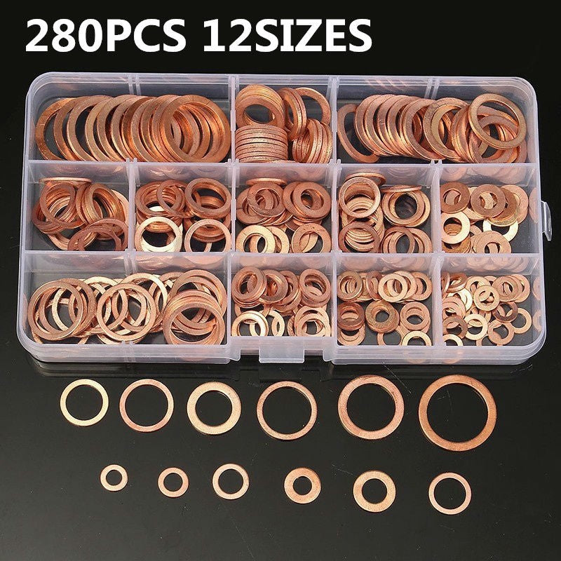 280pcs Assorted Solid Copper Crush Washers Seal Flat Ring Hydraulic Fittings Set Q