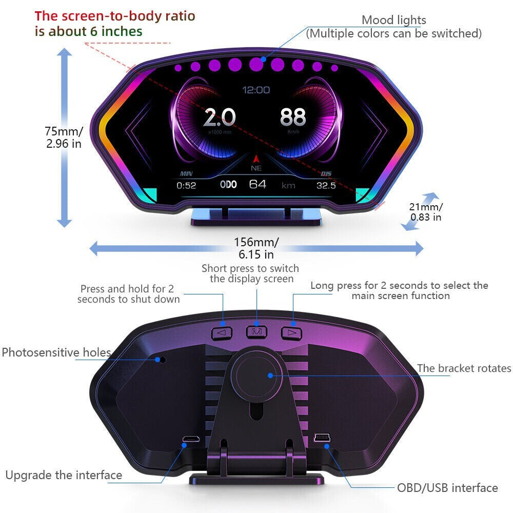 1x Digital Car Head Up Display Dashboard OBD GPS Speedometer Speed Meter Compass n