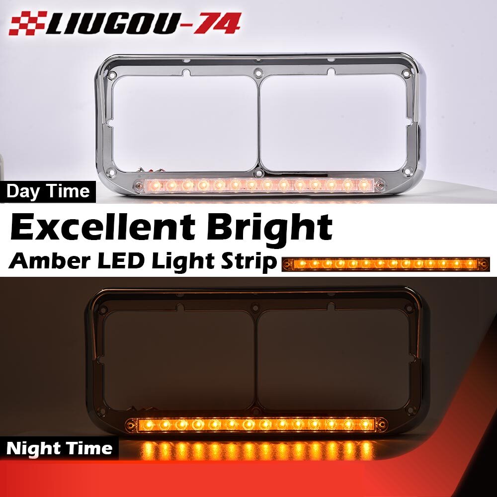 LED Strip Headlight Bezel with Visor Fits Dual Rectangular 4x6 Headlight Clear Lens - v