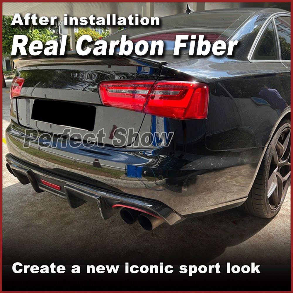 for Audi A6 C7 Sedan 2016-18 REAL Carbon Rear Bumper Diffuser Lip Spoiler W/ LED