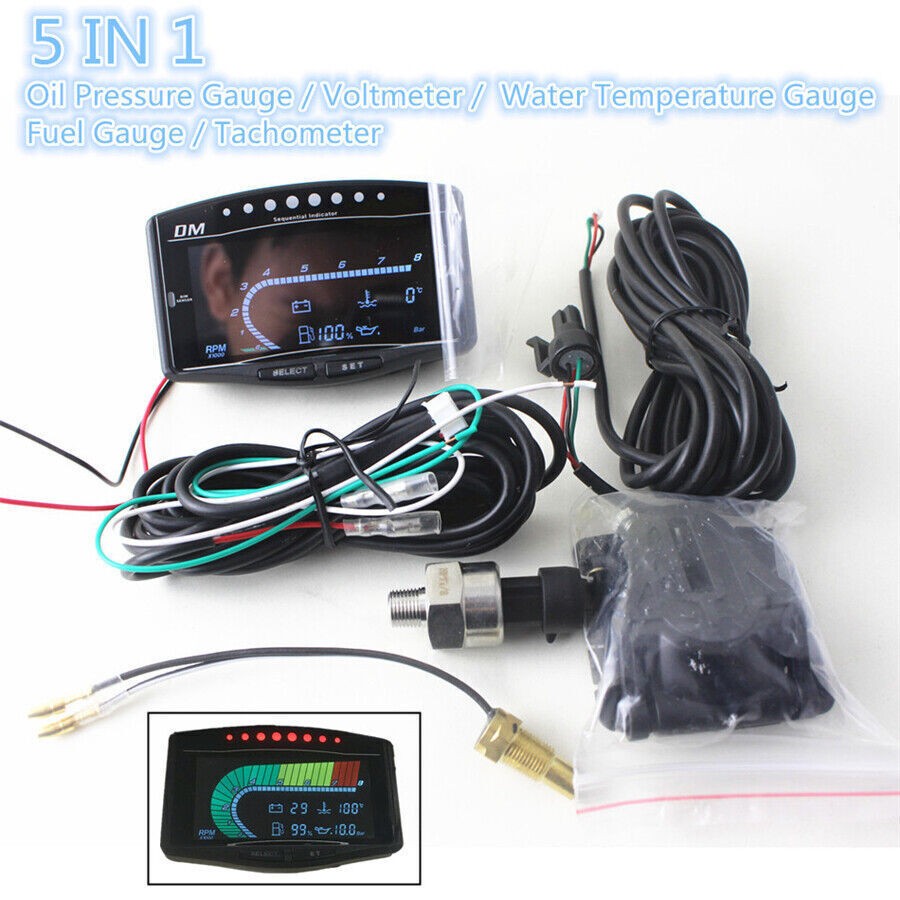 Multifunction Car Digital Gauge Oil Pressure Volt Temp Fuel Tachometer Indicator